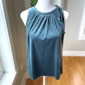 Ann Taylor Teal Blue Velvet Sleeveless Blouse with Ribbon Bow Detail XXS Petite